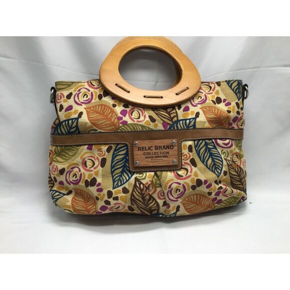 Relic Canvas Clutch Handbag Multicolored Leaf Floral Wood Handle Inner Pockets - Picture 1 of 10